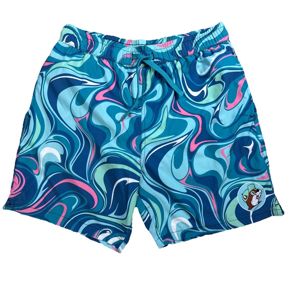 Buc-ees Swim‎ Trunks Men's Size S Multicolor Blue Swirl Bathing Suit
